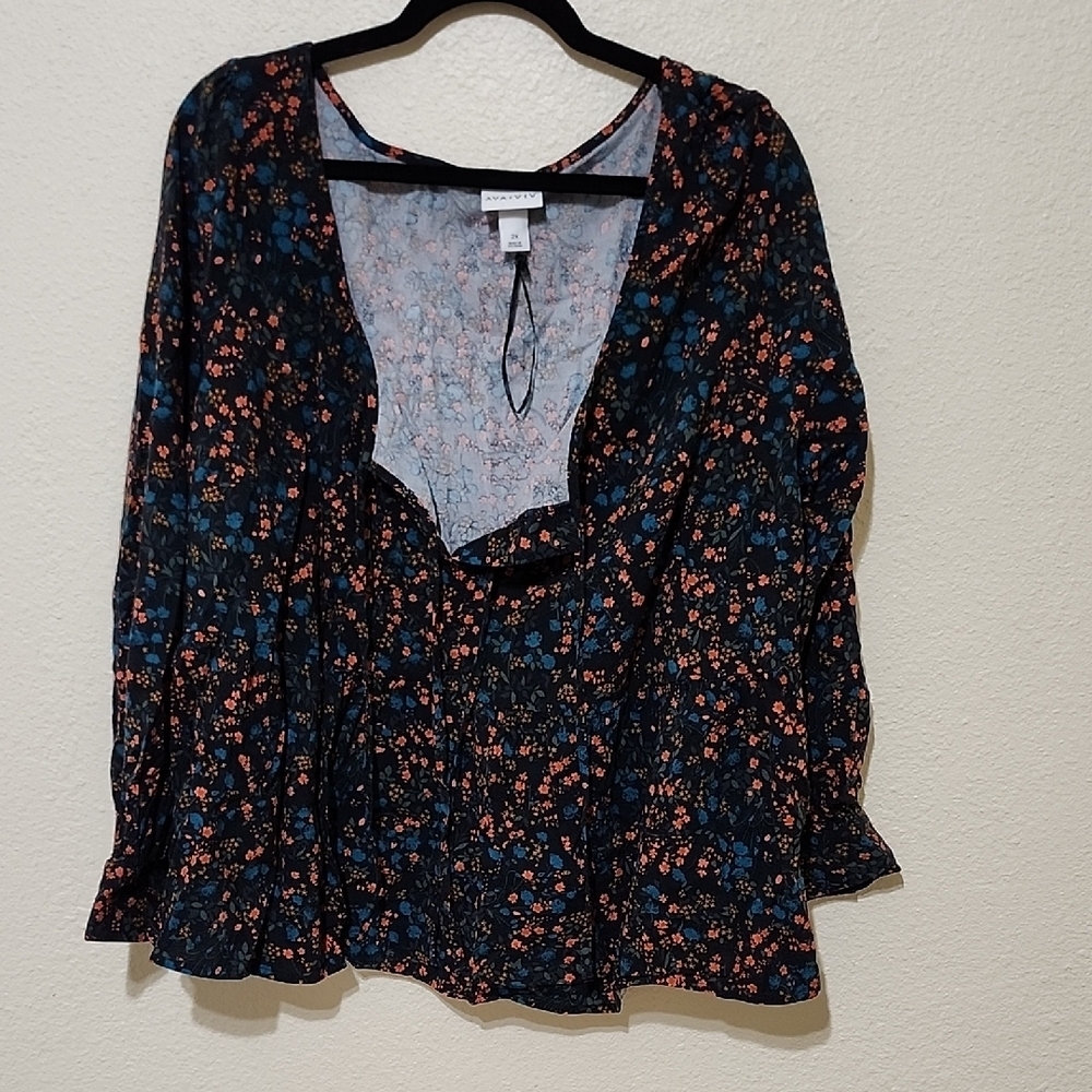Ava & Viv Orange and Blue Ruffled Tie Front Blouse